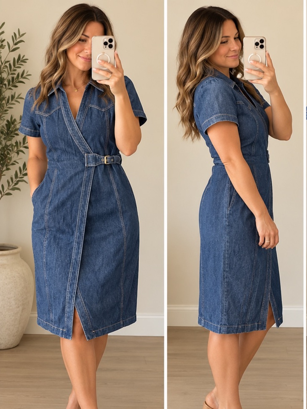 Shelby & Palmer Denim Wrap Shirt Dress with Belt - Dark Blue